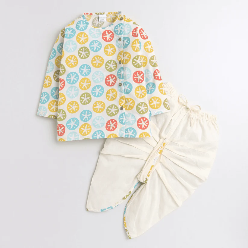 Polka Tots Full Sleeve Multi Color Star Print Angrakha Kurta With Piping Dhoti - Cream